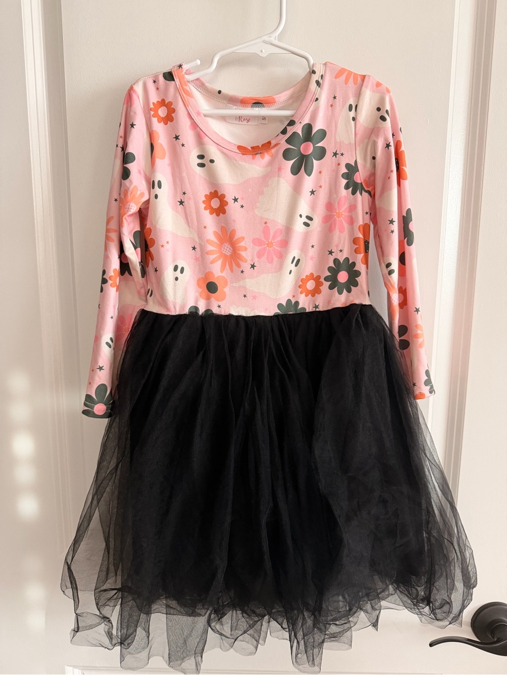 Girls Pink Floral Ghost Print Dress with Black Tulle Skirt